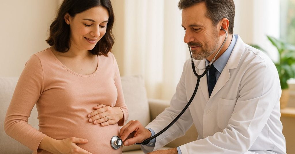 Gestante com as mãos na barriga recebe cuidados médicos com estetoscópio, simbolizando prevenção do risco cardiovascular desde a gestação