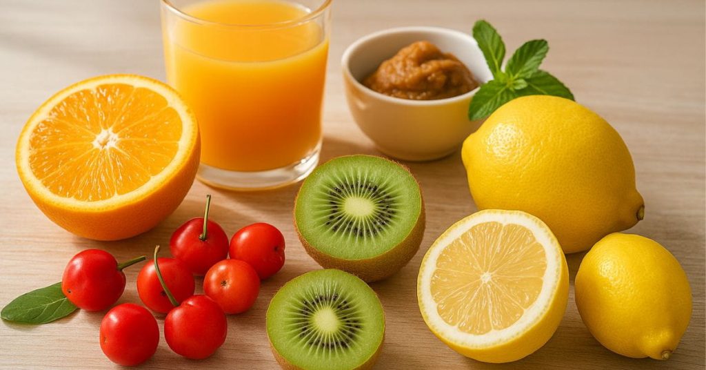 Frutas que fortalecem a saúde do pulmão, como acerola, kiwi, laranja e limão, dispostas em mesa iluminada
