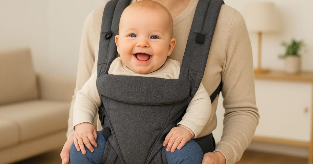 Bebê sorridente em carregador ergonômico com as pernas dobradas na posição correta para prevenir displasia do quadril