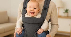 Bebê sorridente em carregador ergonômico com as pernas dobradas na posição correta para prevenir displasia do quadril