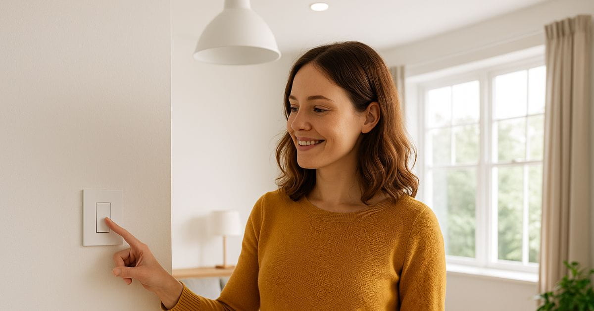 Mulher desliga a luz em casa para economizar energia