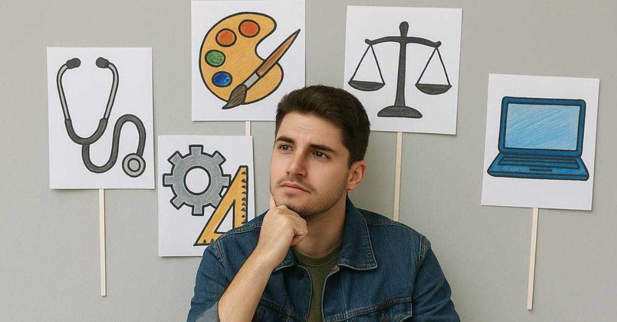 Jovem refletindo sobre escolha do curso de graduação com placas de profissões