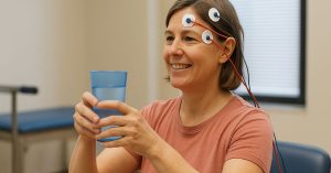 Mulher segurando copo durante sessão de estimulação cerebral profunda