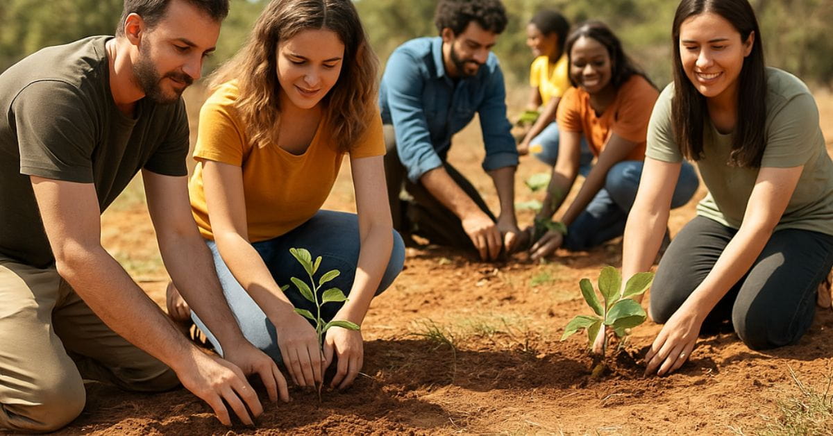 Pessoas diversas plantam mudas em solo aberto durante ação do Funn Festival, representando o plantio coletivo de agrofloresta no Park Way