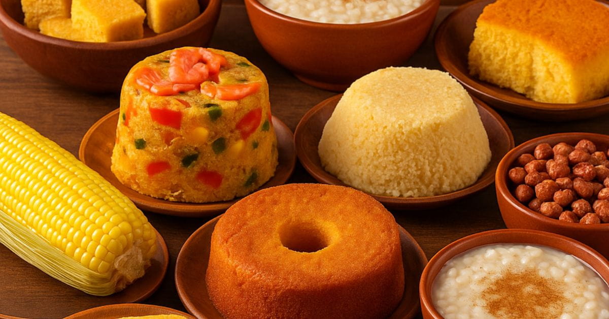 Gastronomia das festas juninas com pratos típicos de diferentes regiões do Brasil, como bolo de milho, canjica, cuscuz e milho cozido