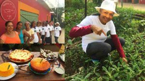 Mulheres cultivando alimentos em uma horta urbana na periferia de São Paulo. horta em periferia de SP com mulheres plantando juntas.