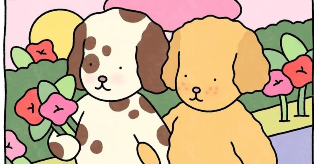 Ilustração fofa de dois cachorrinhos nos livros de colorir Bobbie Goods