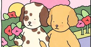 Ilustração fofa de dois cachorrinhos nos livros de colorir Bobbie Goods