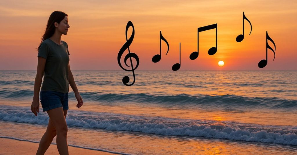 Mulher caminha descalça pela praia ao pôr do sol com notas musicais flutuando sobre o mar