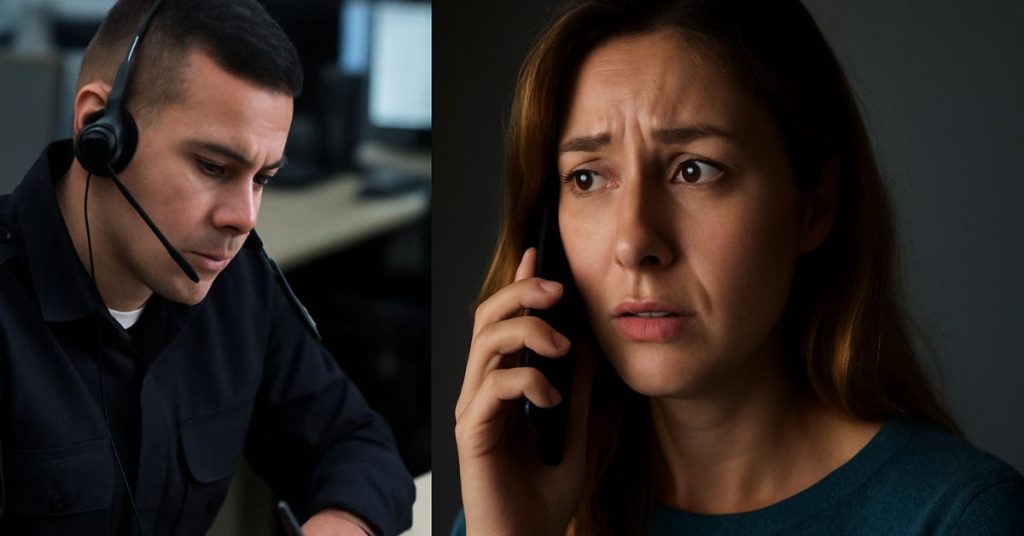 Mulher com medo ao telefone e policial atento registrando chamado