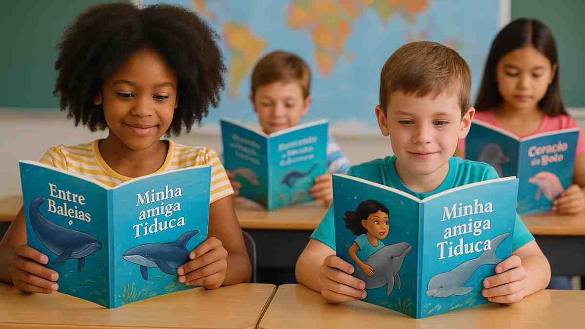 Crianças aprendendo com livros infantis sobre baleias e golfinhos.