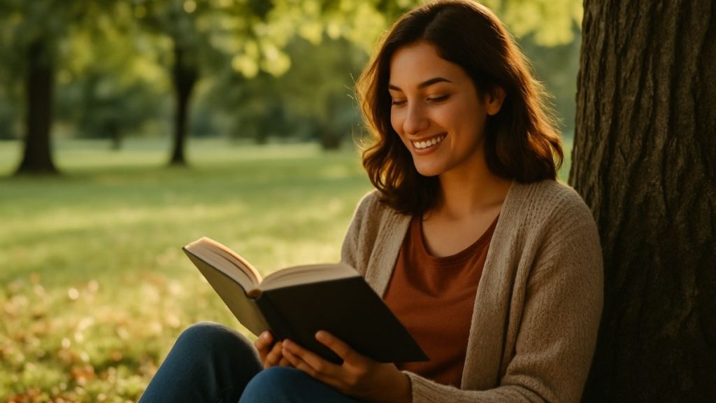 Mulher sorrindo enquanto lê um livro ao ar livre, representando os benefícios da leitura.