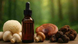 Frasco âmbar de extrato de cogumelo sobre mesa de madeira, com floresta ao fundo, destacando os benefícios naturais para o cérebro e o bem-estar