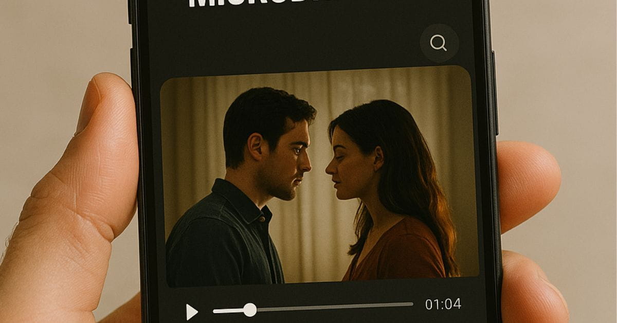 Pessoa assiste a microdramas no celular com cena romântica em exibição