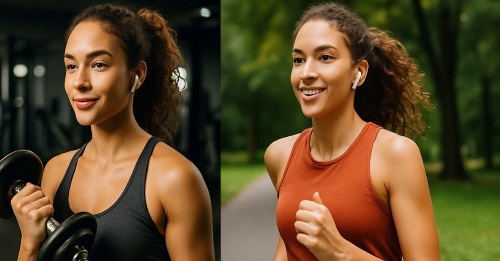 Treino híbrido com mulher praticando musculação e corrida