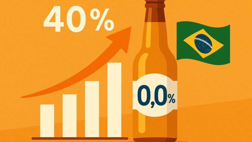 Ilustração com garrafa de cerveja rotulada "0,0%", gráfico de barras ascendentes com seta laranja e percentual "40%", e bandeira do Brasil ao fundo, representando o crescimento do consumo de cerveja zero álcool no país.