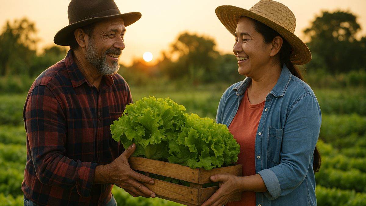 Casal agricultor colhendo alimentos frescos ao entardecer no dia internacional da agricultura familiar, com expressão de orgulho e conexão com a terra.