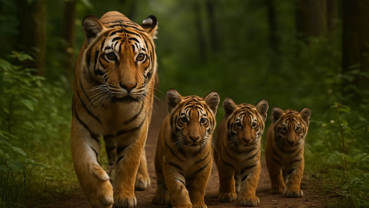 Família de tigres caminhando junta por trilha em floresta densa durante o Dia Internacional do Tigre