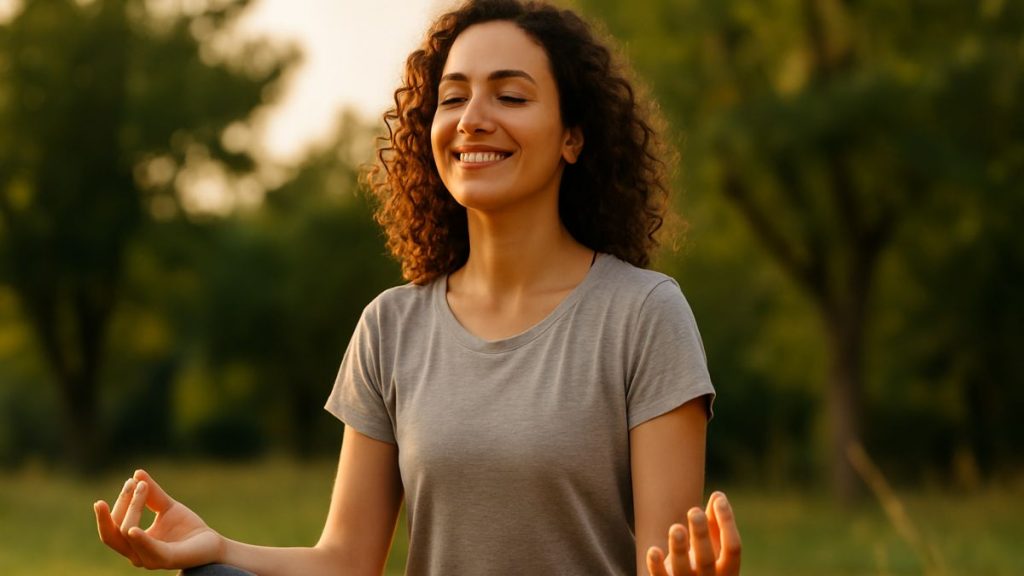 Pessoa meditando no Dia do Autocuidado, representando equilíbrio, paz interior e conexão com a natureza.
