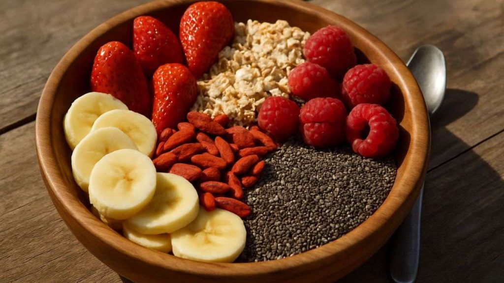 Tigela com alimentos típicos da dieta das fibras