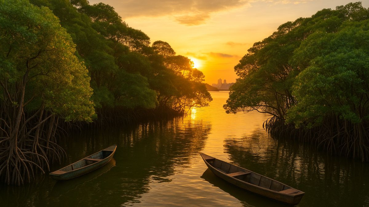 Fotografia do ecossistema dos manguezais em Vitória com vegetação densa, maré baixa e elementos da pesca artesanal.