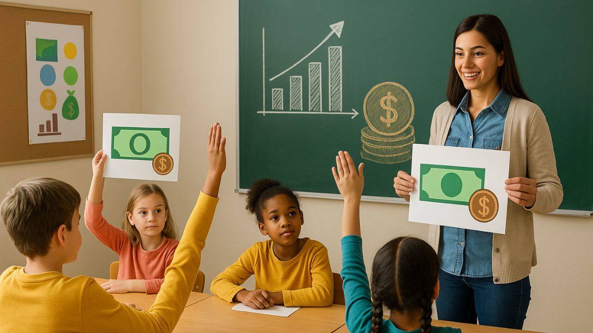 Futuro da educação financeira sendo ensinado para crianças em sala de aula