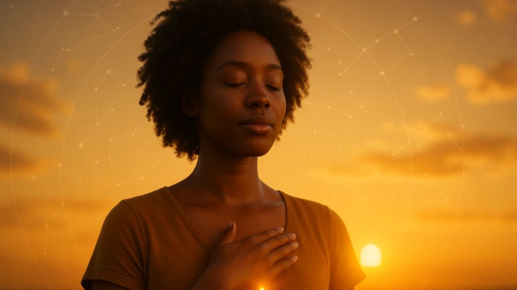Lunação leonina: Mulher de olhos fechados sob a luz dourada do pôr do sol, com constelações ao fundo e um leve brilho solar no peito, representando a conexão entre coração, cosmos e identidade.