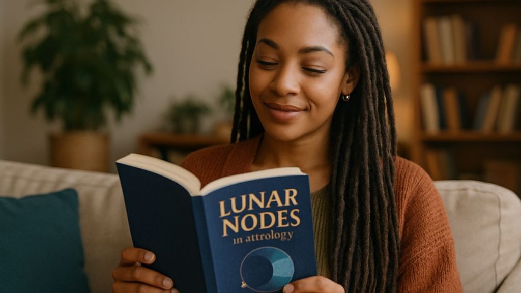 Mulher lendo sobre nodos lunares na astrologia em ambiente tranquilo e aconchegante