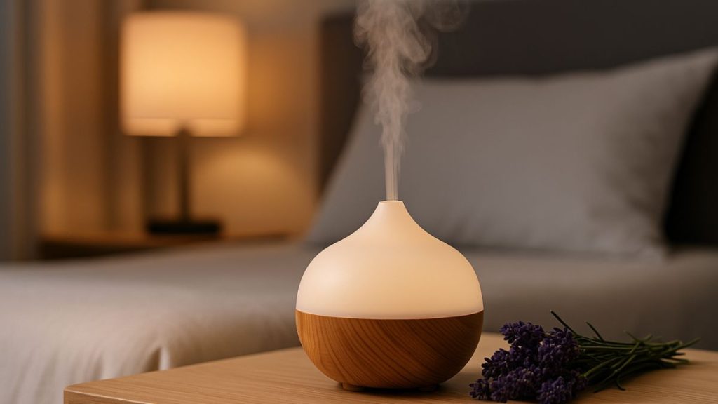Difusor liberando aroma com lavanda ao lado da cama, simbolizando os benefícios dos óleos essenciais durante o sono.