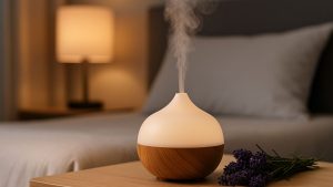 Difusor liberando aroma com lavanda ao lado da cama, simbolizando os benefícios dos óleos essenciais durante o sono.