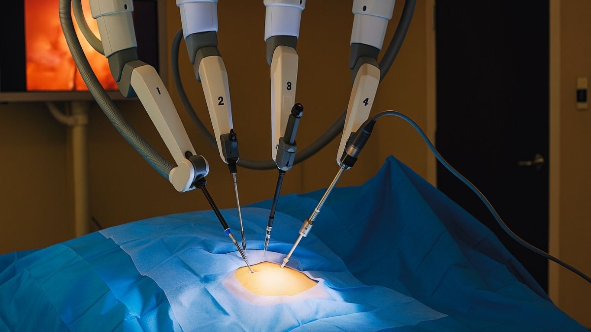 Robô com inteligência artificial realiza cirurgia minimamente invasiva com braços robóticos em centro cirúrgico moderno.