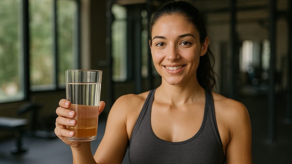 mulher segura copo de água com mel antes do treino para reduzir dores musculares