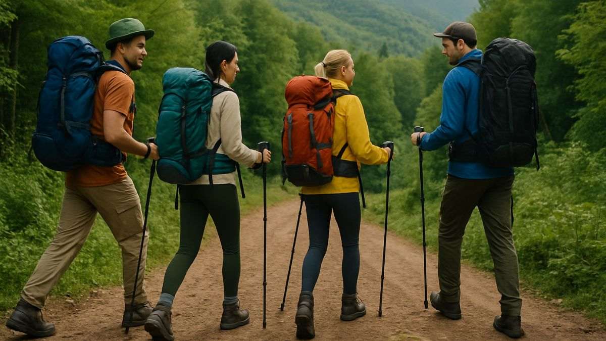 Pessoas praticando trilha com segurança em meio à natureza Descrição: