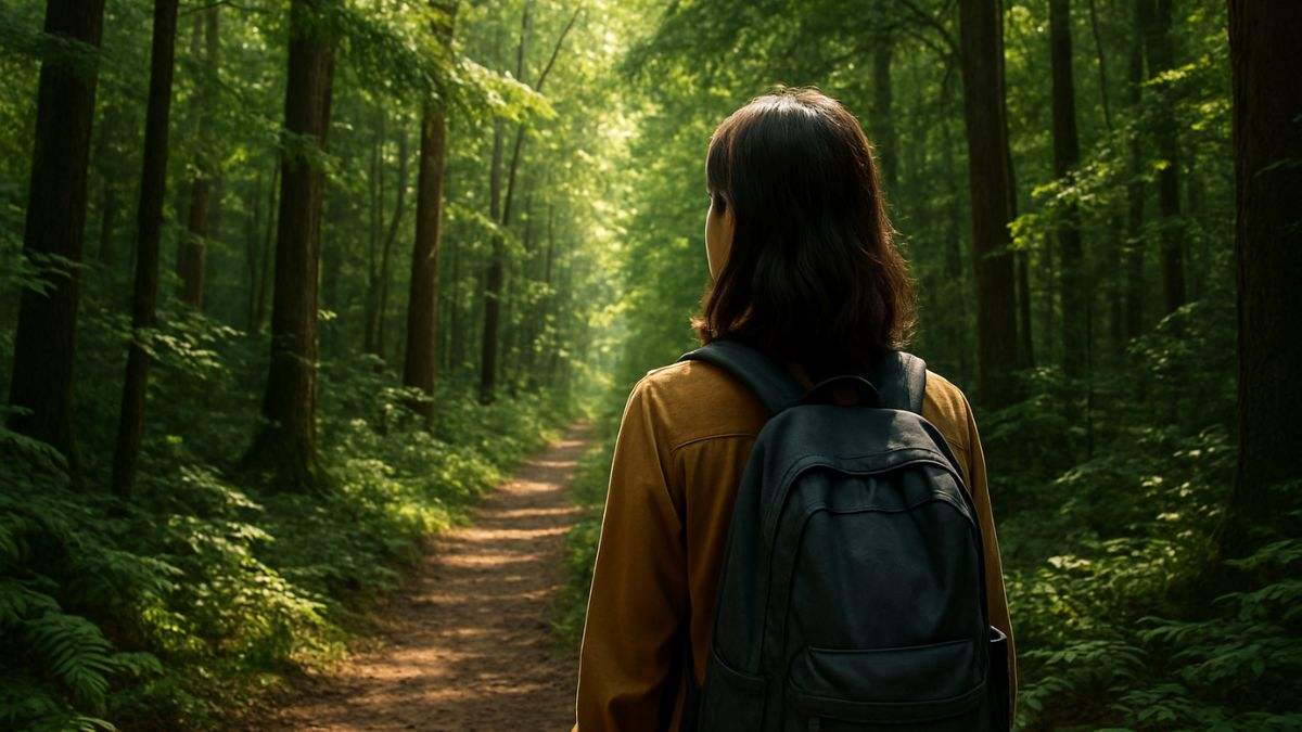 Pessoa pratica banho de floresta e vivencia bem-estar na natureza.