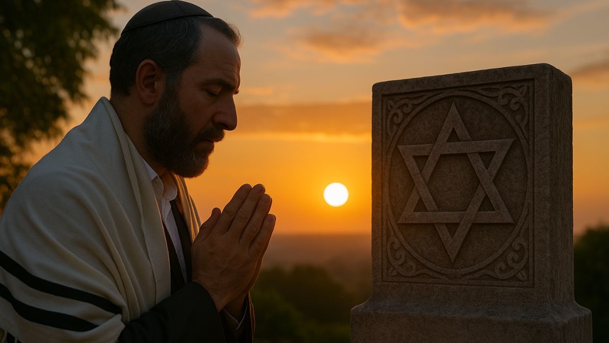 Homem judeu orando ao lado de estrela de Davi durante o Dia Global do Perdão