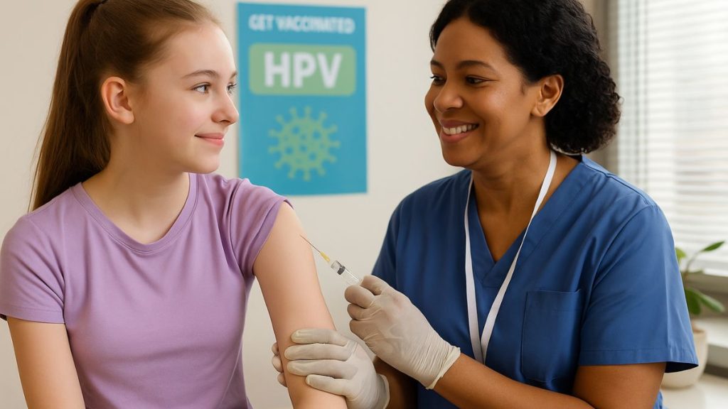 Adolescente recebendo vacina contra HPV em posto de saúde, com cartaz educativo ao fundo e equipe de enfermagem sorridente. Texto Alt da Imagem: enfrentamento do HPV