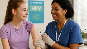 Adolescente recebendo vacina contra HPV em posto de saúde, com cartaz educativo ao fundo e equipe de enfermagem sorridente. Texto Alt da Imagem: enfrentamento do HPV