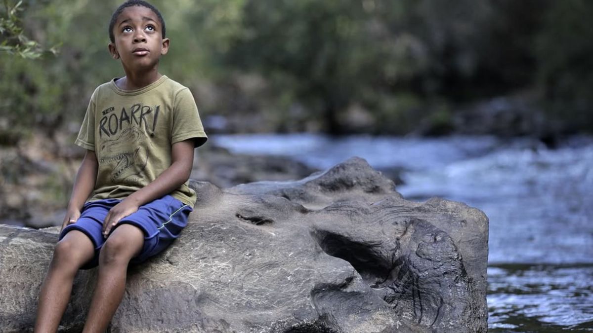 Menino quilombola sentado sobre uma pedra às margens do rio, em cena do filme sobre quilombolas “A Mensagem de Jequi”.