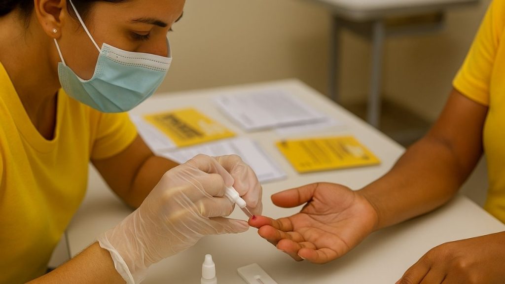 Profissional de saúde realiza teste rápido durante ação do Julho Amarelo.