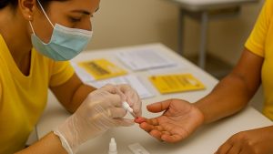 Profissional de saúde realiza teste rápido durante ação do Julho Amarelo.