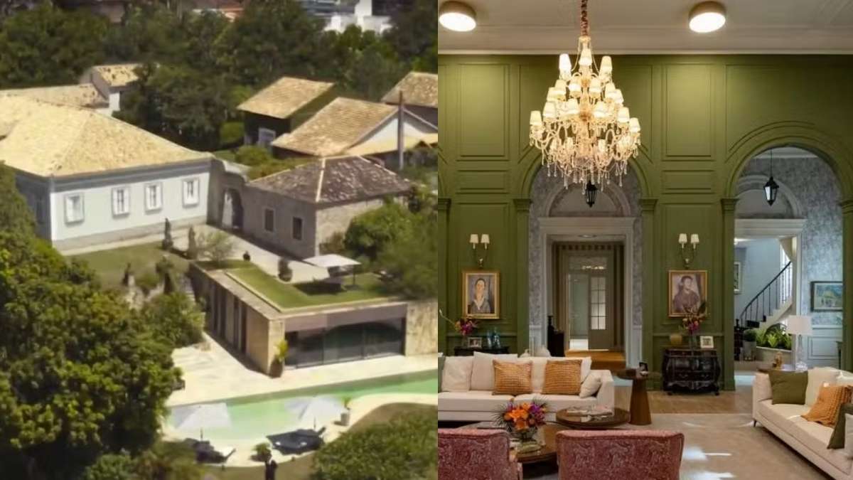 Fachada e interior da mansão da novela Vale Tudo com estilo clássico europeu.
