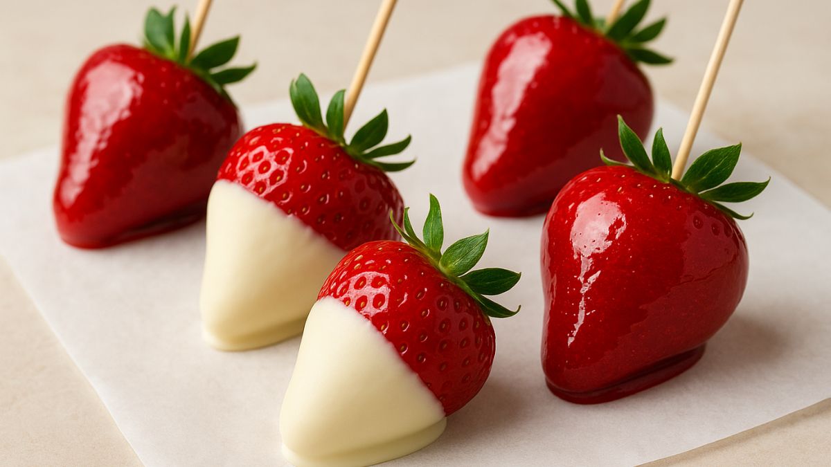 Imagem mostra morangos cobertos com calda crocante vermelha e massa branca, representando a tendência do morango do amor