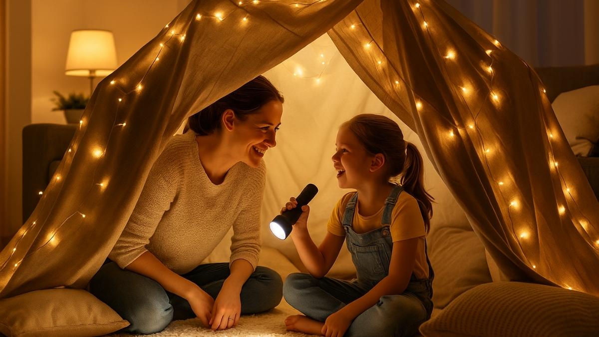 Mãe e filha brincam em um acampamento indoor montado na sala, ideia de o que fazer nas férias com crianças.