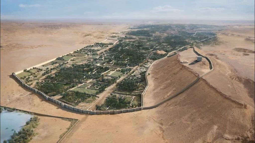 Representação 3D do Oásis da Idade do Bronze com fortificações e plantações no deserto da Arábia.