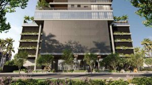 Fachada do primeiro edifício quebra-cabeça em Porto Belo