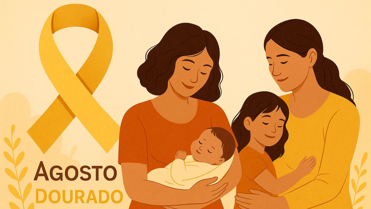 campanha de Agosto dourado com laço dourado e mães com filhos, representando o afeto e o vínculo da amamentação materna