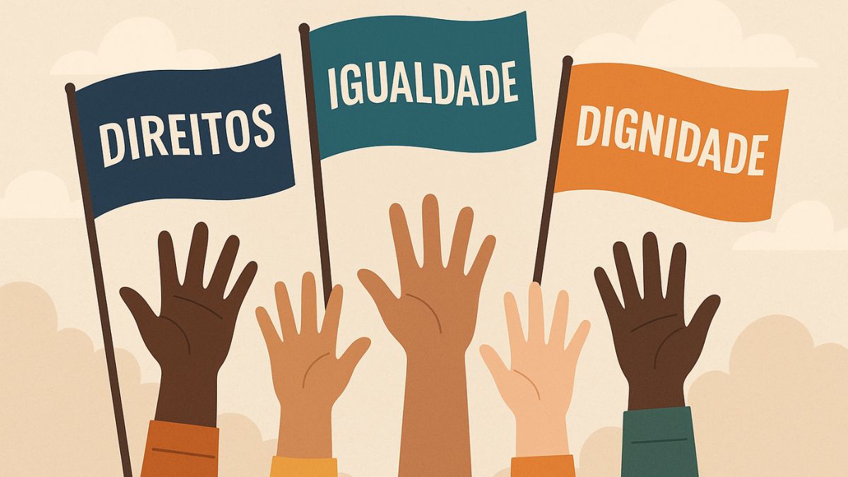 Dia Nacional dos Direitos Humanos- Ilustração com mãos erguidas segurando bandeiras com as palavras “Direitos”, “Igualdade” e “Dignidade”