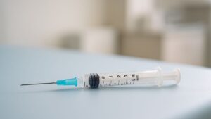 Injetável contra HIV representado por seringa em consultório médico