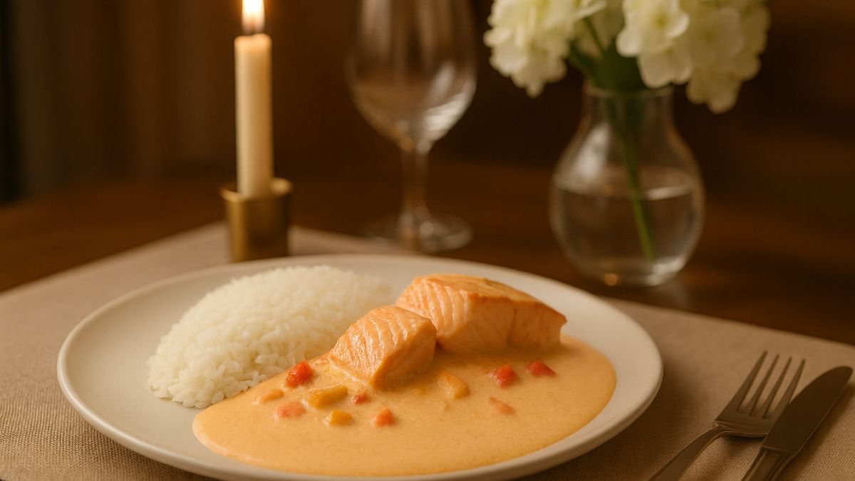 Receita com salmão da Chef Cíntia Martini servida com molho de tomate e pimentões em mesa de jantar em família.