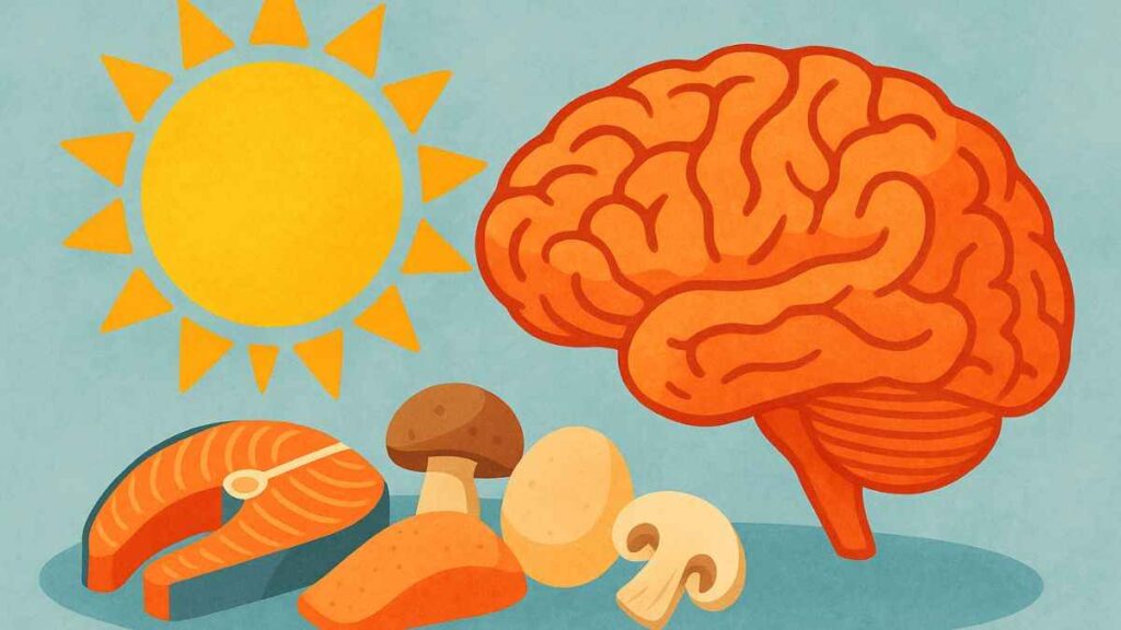 ilustração mostrando sol, alimentos ricos em vitamina D e cérebro humano, representando impacto da vitamina D e cérebro na saúde mental